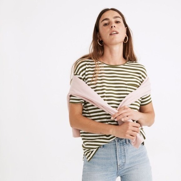 Madewell Striped Softfade Cotton Oversized Pocket Tee Wild Pine M Boho Classic - Picture 1 of 16